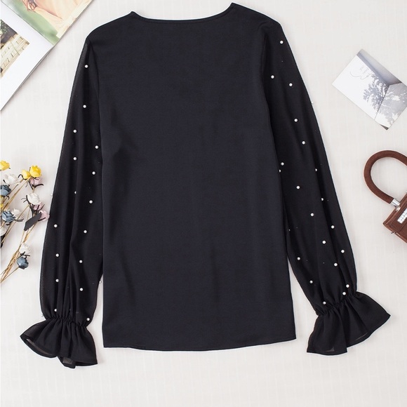 Black Pearl Mesh Flounce Sleeve V Neck Blouse - Picture 12 of 15